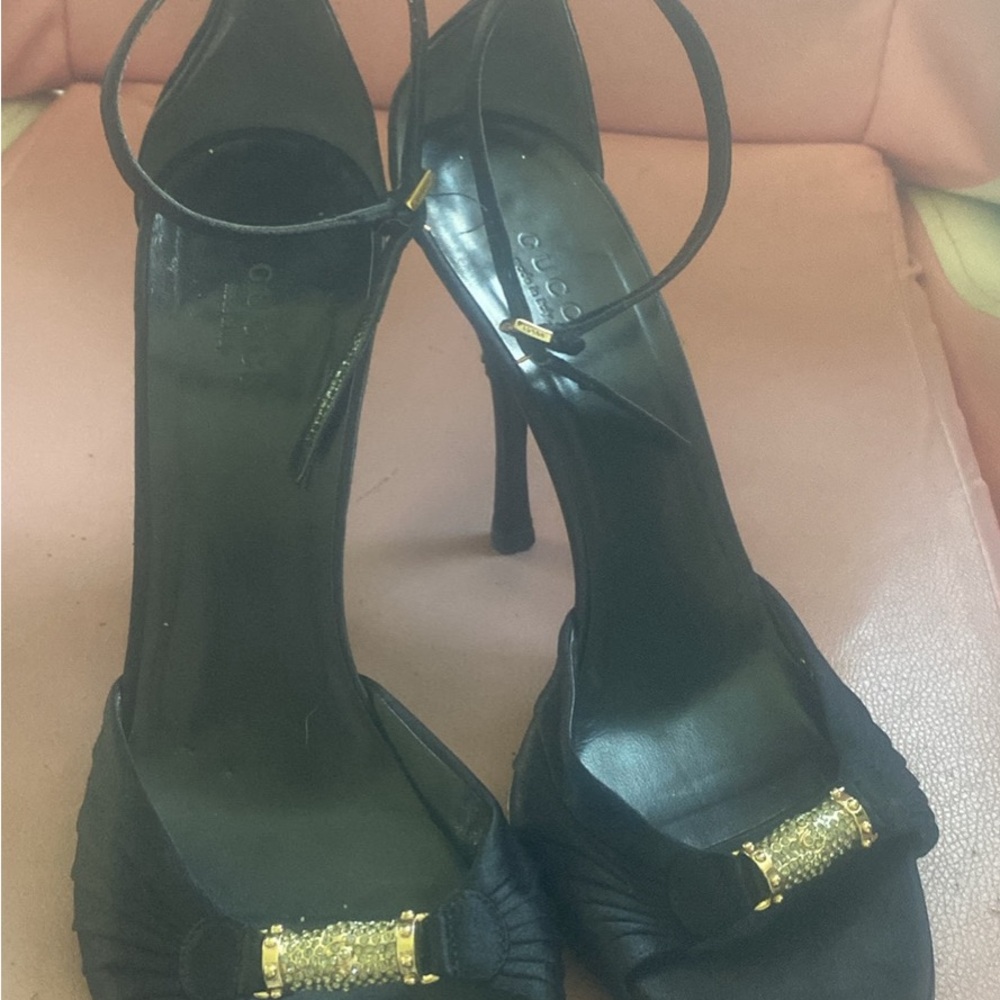 Gucci Black Strappy Heels with Gold Accents - Picture 2 of 4